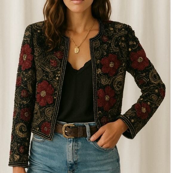 Vintage 90s Laurence Kazar New York Boho Floral Sequence Crop Jacket Rare - Picture 3 of 13
